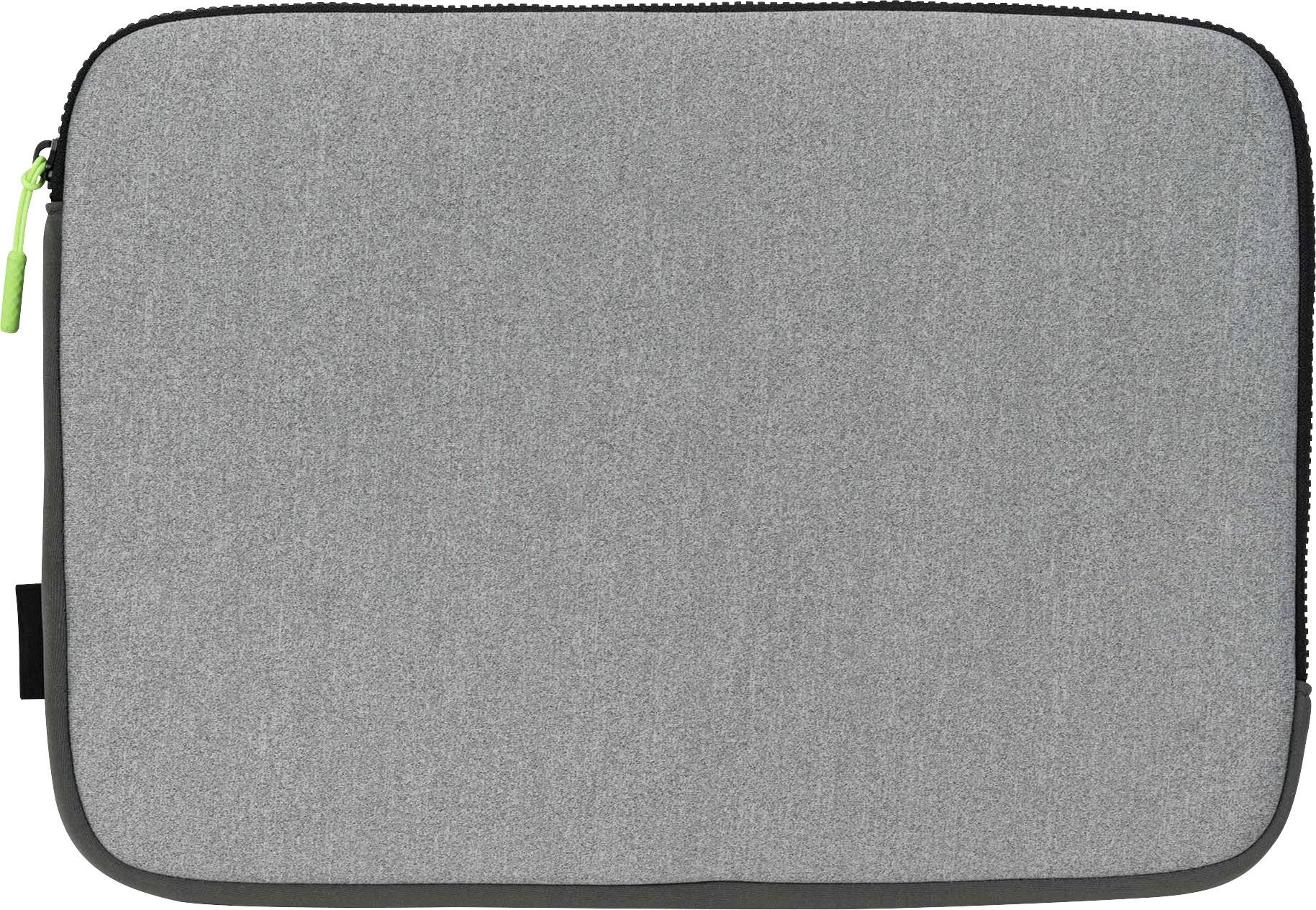 Housse de protection grise en textile, rectangulaire avec bordure noire et poignée de fermeture éclair verte, adaptée aux ordinateurs portables ou tablettes.