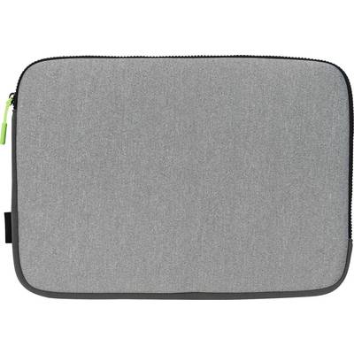 Housse de protection grise en textile, rectangulaire avec bordure noire et poignée de fermeture éclair verte, adaptée aux ordinateurs portables ou tablettes.