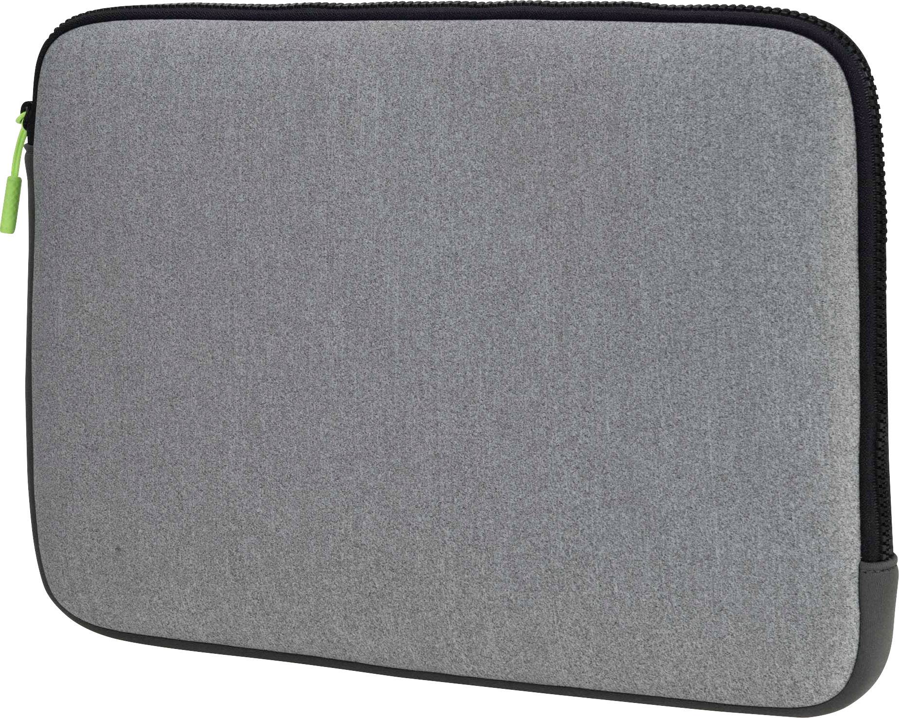 Un sac pour ordinateur portable gris avec fermeture à glissière et une petite tirette verte, design épuré, vue de côté.