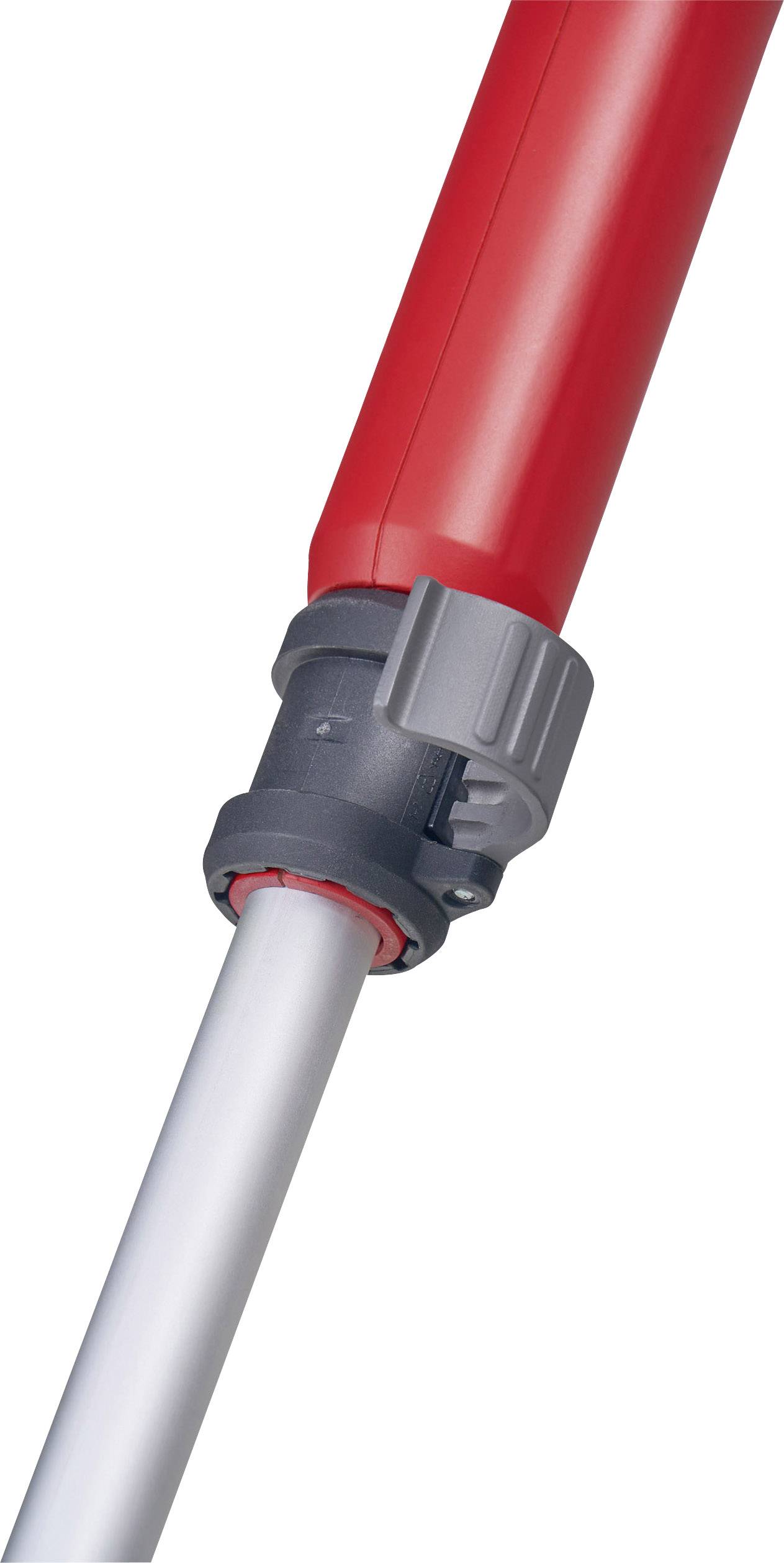 Une poignée rouge télescopique d'un outil avec un mécanisme de verrouillage rotatif noir permettant d'ajuster la longueur.
