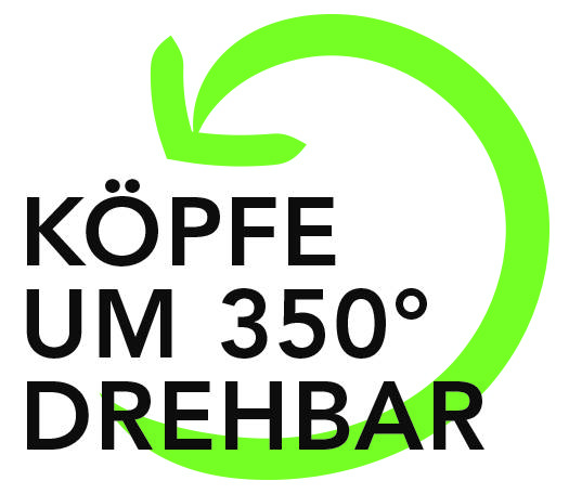 « Rotatable 350° heads » en écriture verte, avec un symbole stylisé de pomme dans le coin supérieur droit.
