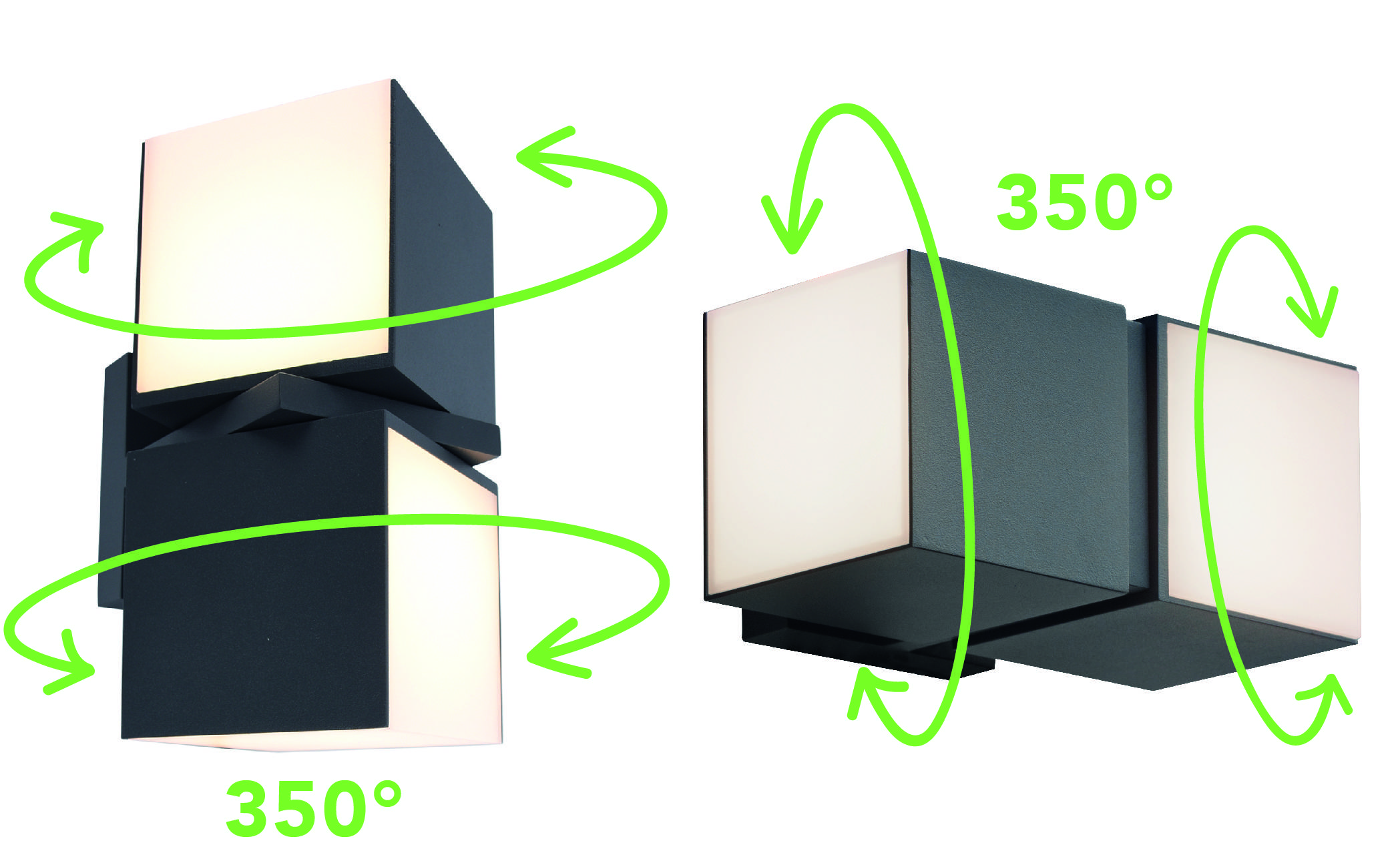 Deux appliques murales noires cubiques avec une rotation de 350°, permettant un éclairage dans différentes directions, illustrées dans un graphique.