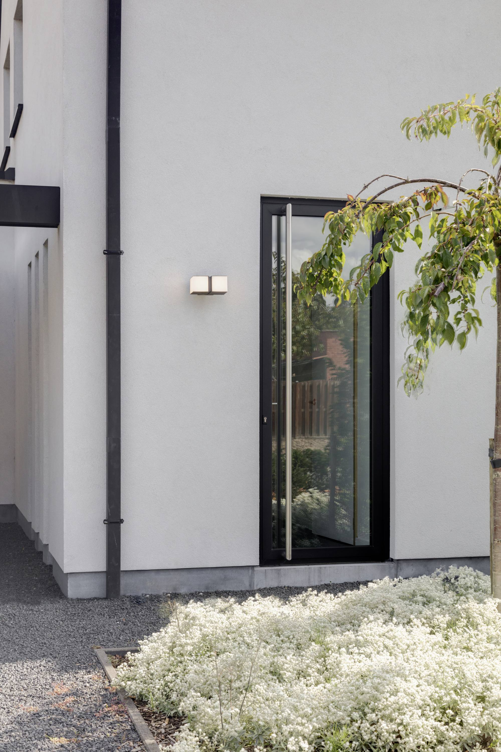 Coin d'un bâtiment moderne avec une étroite porte en verre, un éclairage extérieur discret et un petit arbre à droite.