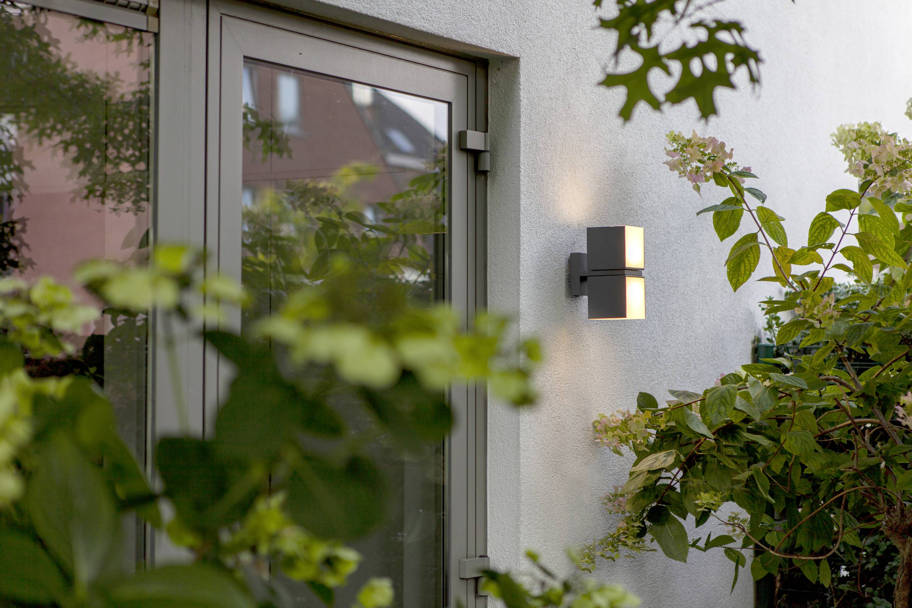 Applique murale extérieure sur un mur blanc à côté d'une porte vitrée, entourée de plantes en fleurs au premier plan.