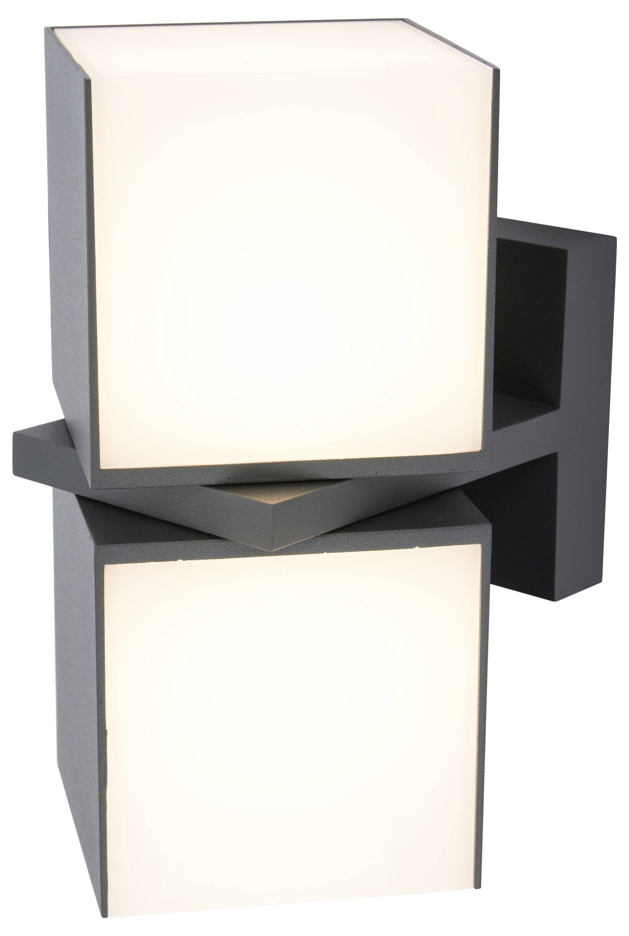 Un luminaire mural moderne gris avec deux surfaces carrées éclairantes, dirigées vers le haut et vers le bas.