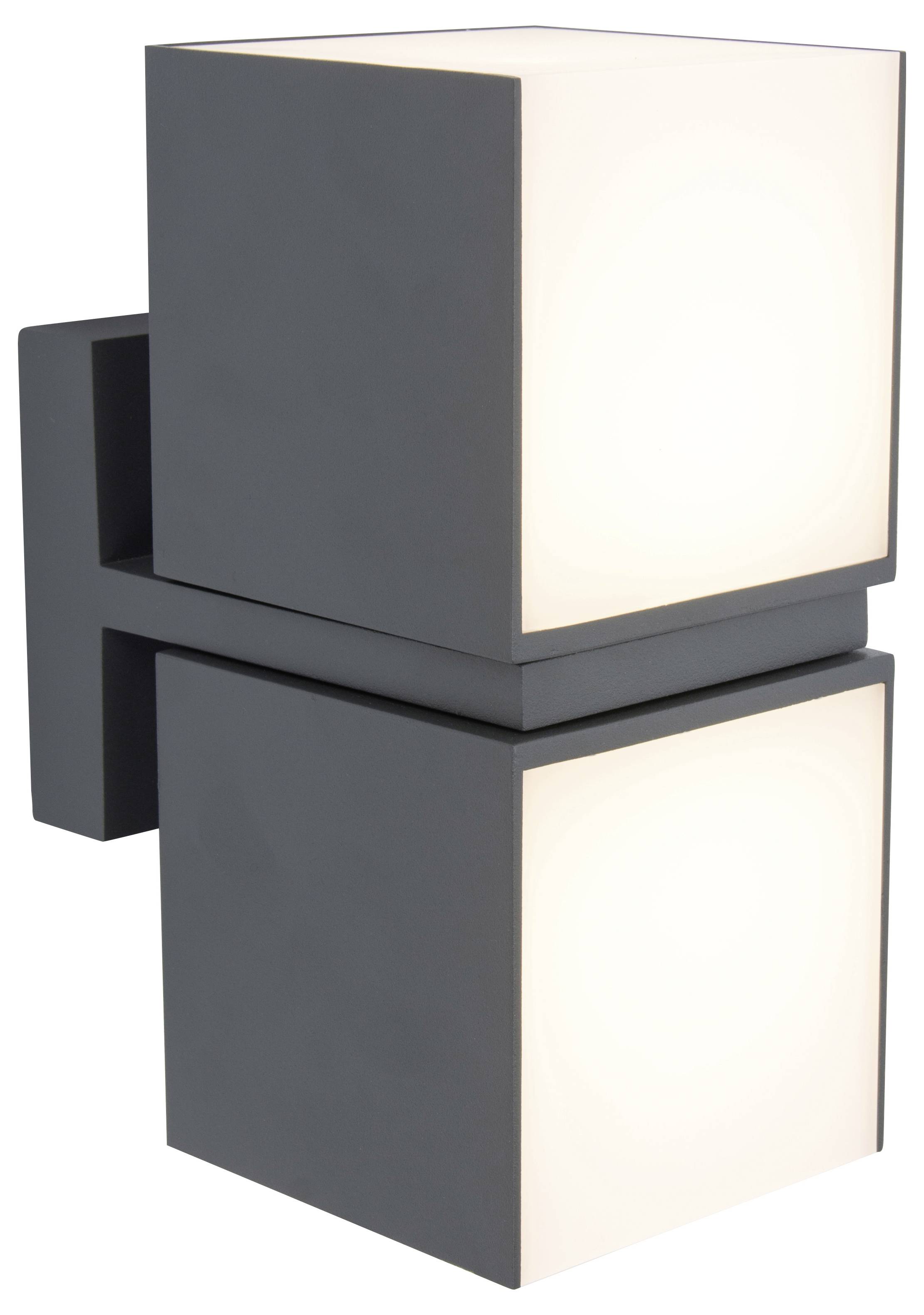 Une lampe murale carrée avec un boîtier noir et des surfaces blanches lumineuses qui rayonnent symétriquement vers le haut et vers le bas.