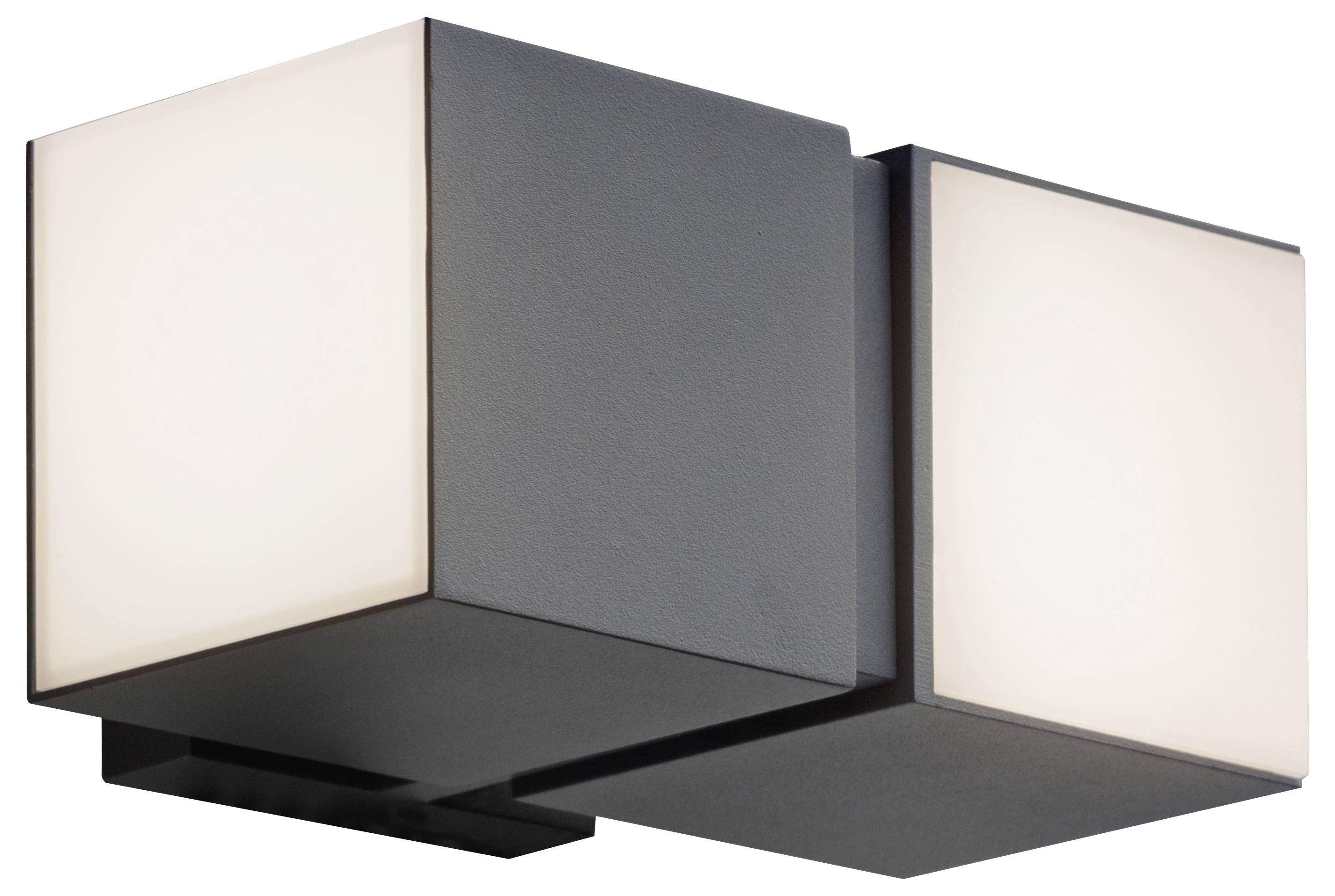 Applique murale noire avec deux éléments lumineux cubiques blancs. Convient parfaitement aux espaces intérieurs modernes.