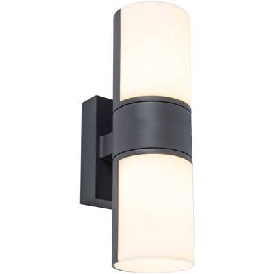 Une lampe murale moderne, cylindrique, avec deux sources lumineuses, dans un boîtier noir, éclairant vers le haut et vers le bas.