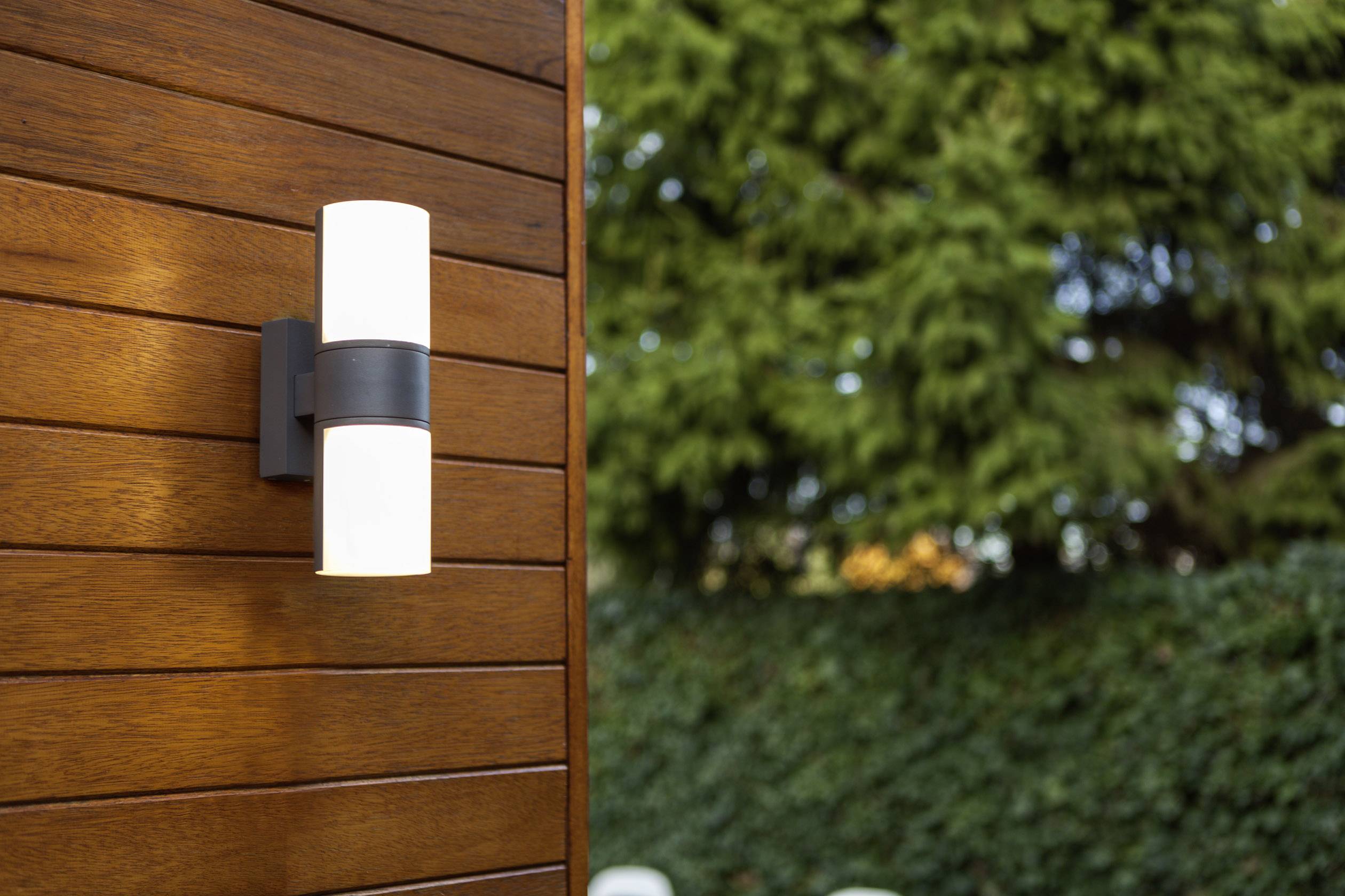 Applique murale éclairant un mur en bois, avec en arrière-plan des buissons verts flous.