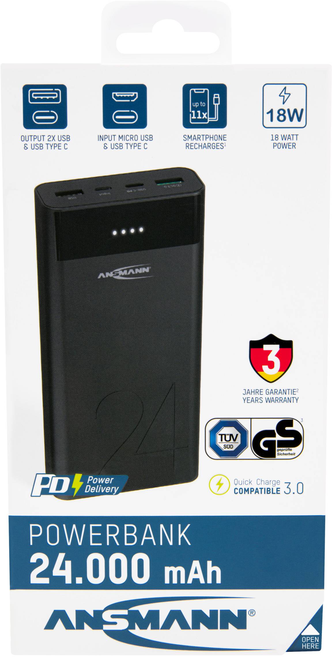 Ansmann 24Ah PD Powerbank (batterie supplémentaire) 24000 mAh Power Delivery, Quick Charge 3.0 LiPo noir Affichage du st-4
