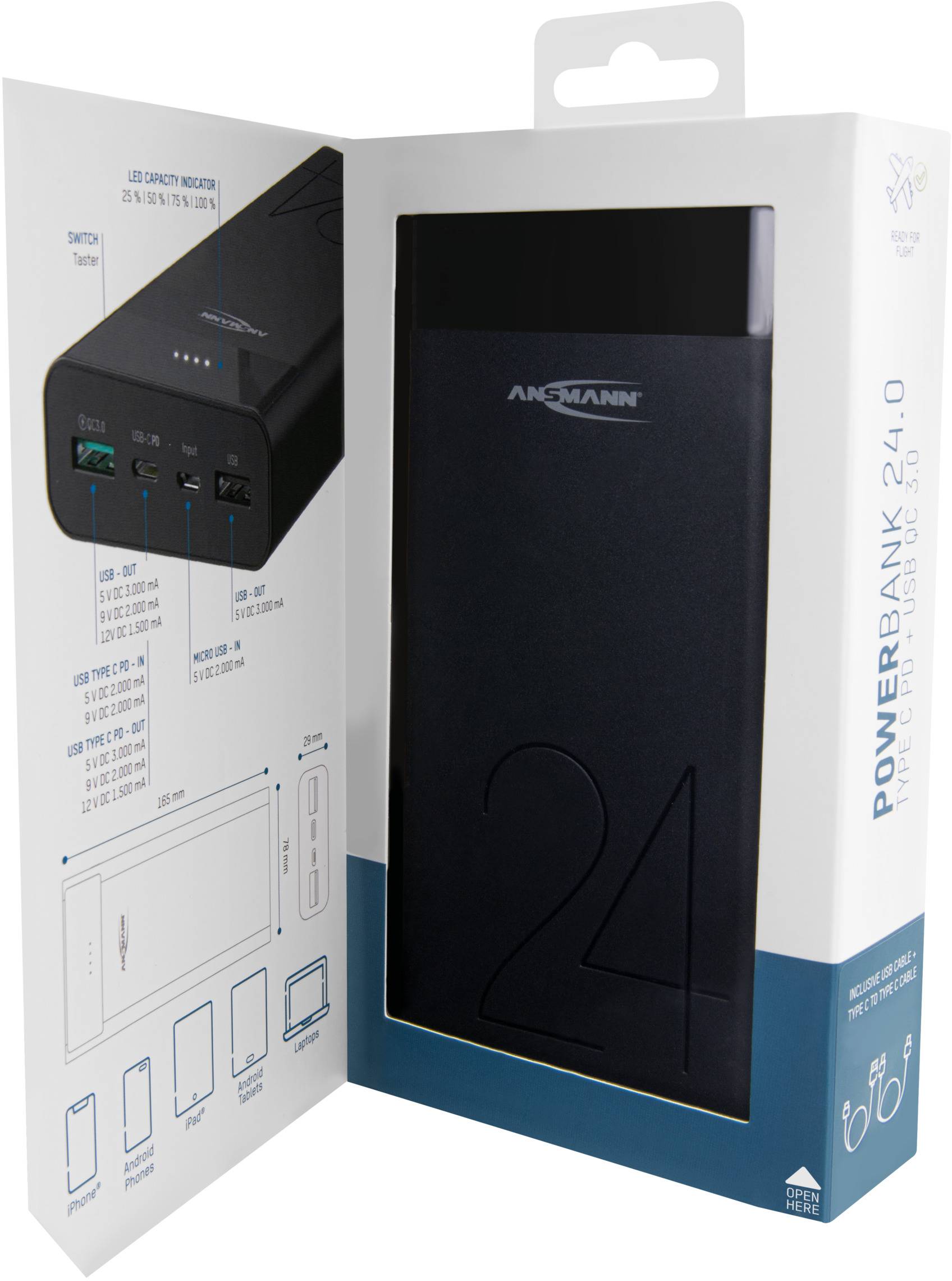 Ansmann 24Ah PD Powerbank (batterie supplémentaire) 24000 mAh Power Delivery, Quick Charge 3.0 LiPo noir Affichage du st-5