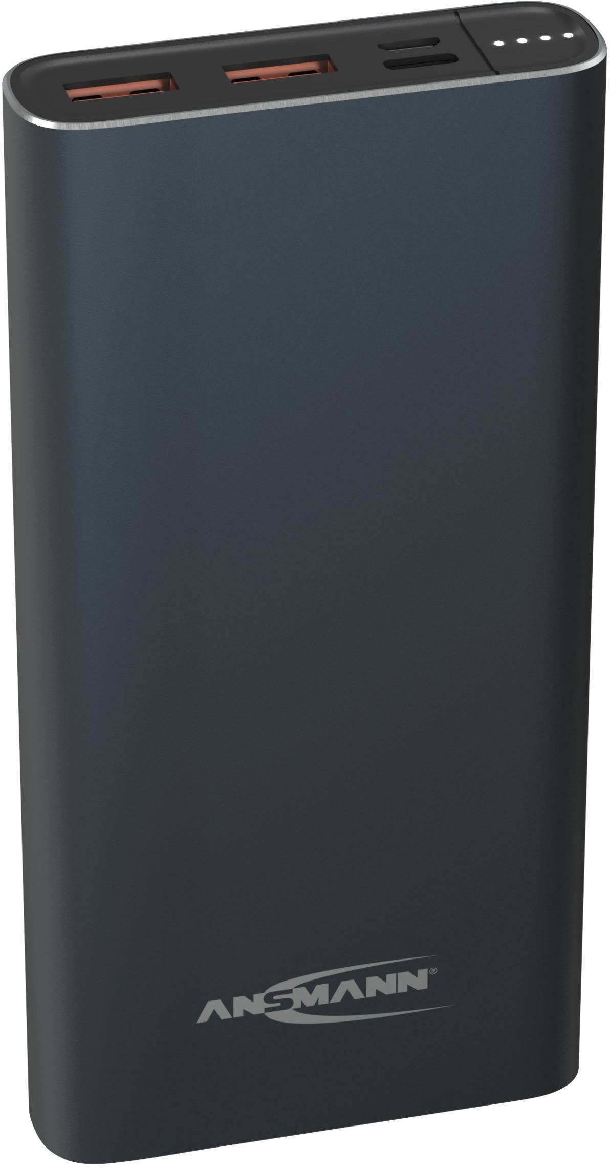 Batterie externe noire avec deux ports USB, un port USB-C et quatre voyants LED indiquant le niveau de batterie. Marquée 'ANSMANN'.