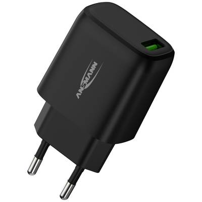Un chargeur USB noir avec une fiche européenne et un port USB vert, marqué d'un logo.