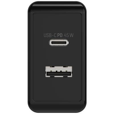 Un chargeur noir doté d'un port USB-C prenant en charge 'PD 45W' et d'un port USB classique en dessous.