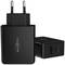 Chargeur USB noir à deux fiches et port de sortie USB-A, adapté pour charger des appareils électroniques. Nom de marque sur la face avant.