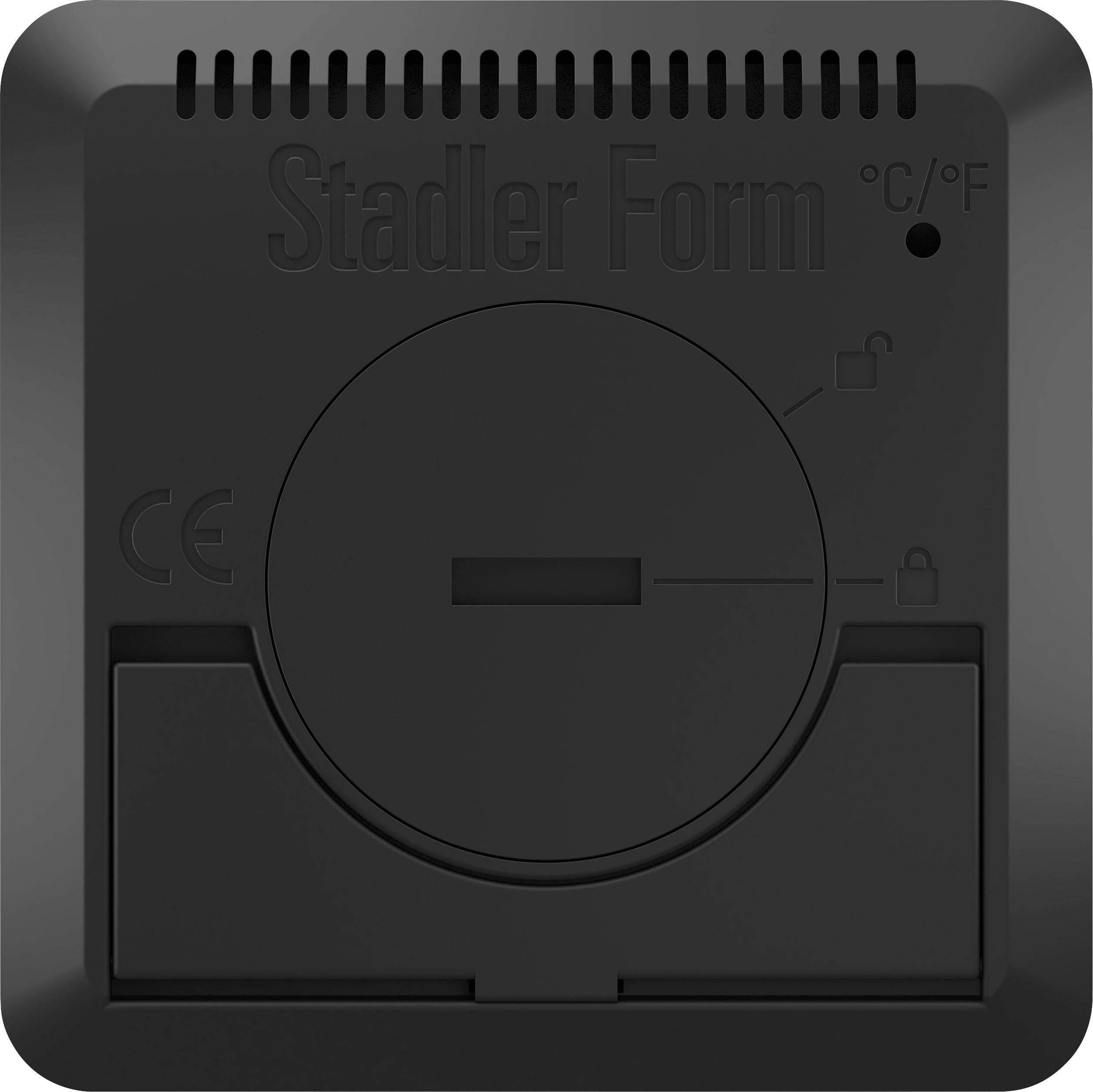 Appareil noir avec affichage de la température, symboles de Celsius et Fahrenheit, ainsi qu'une fonction de verrouillage. Nom de la marque en haut.