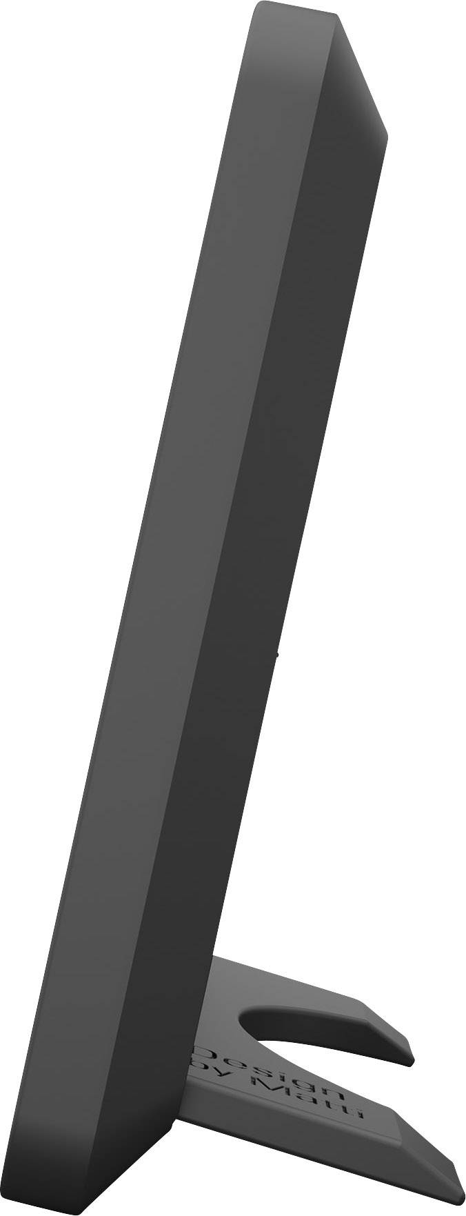 Un moniteur noir vu de profil, affichant un design épuré sur un socle stable.