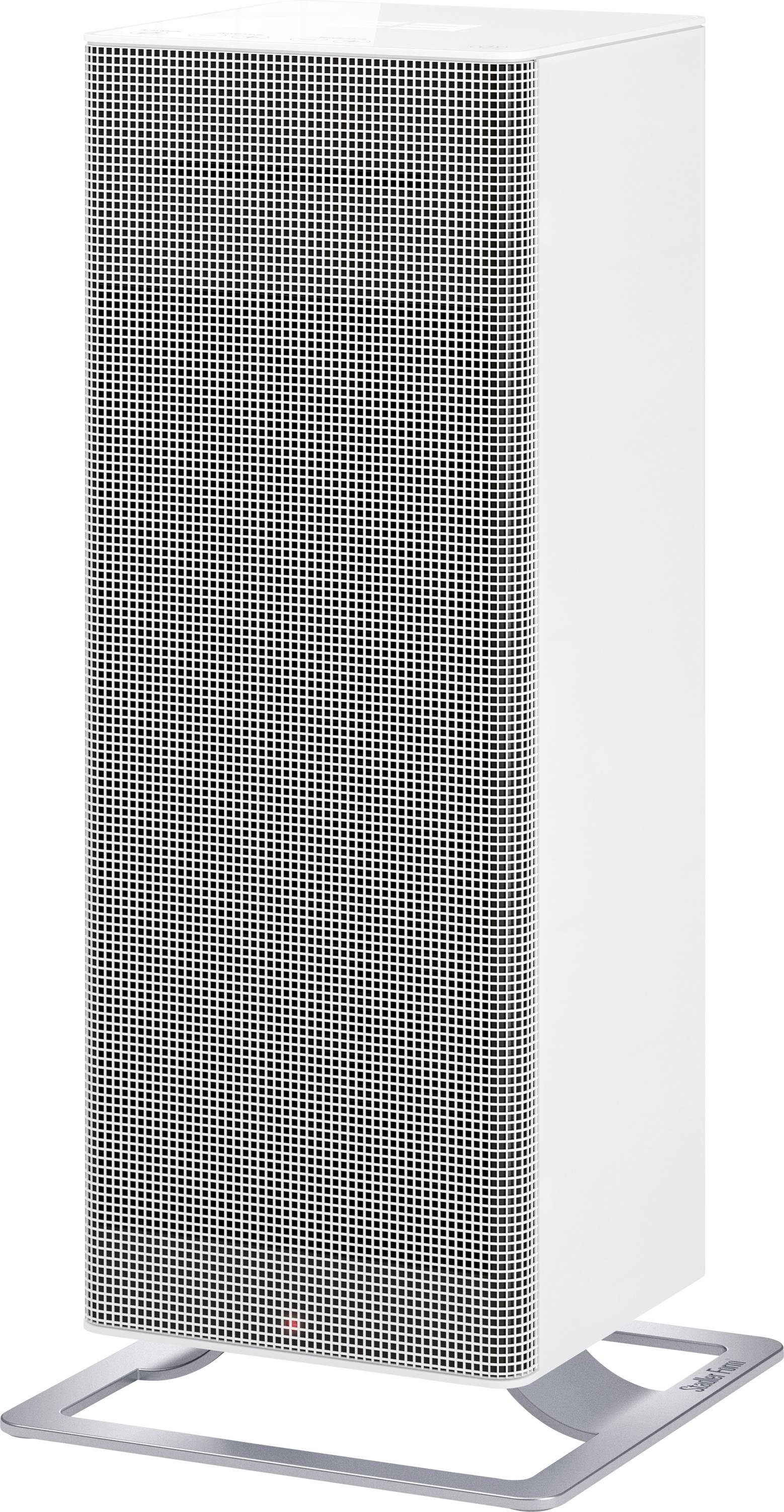 Un ventilateur colonne blanc, rectangulaire, avec un socle argenté, adapté pour rafraîchir les espaces intérieurs.