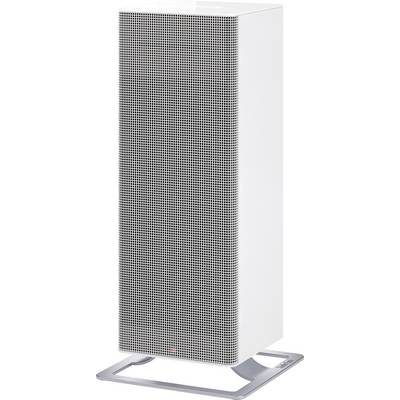 Un ventilateur colonne blanc, rectangulaire, avec un socle argenté, adapté pour rafraîchir les espaces intérieurs.