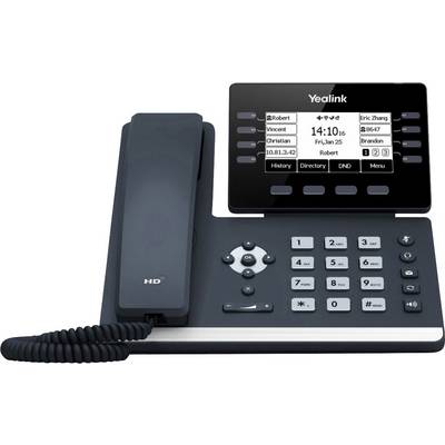 Un téléphone de bureau avec un affichage numérique qui indique l'heure et la date, les appels entrants et une liste de contacts. Un clavier numérique se trouve en dessous.