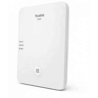 Un module de base Yealink W80B DECT avec des voyants LAN, ROLE et DECT. Design blanc et épuré, adapté à un montage mural.
