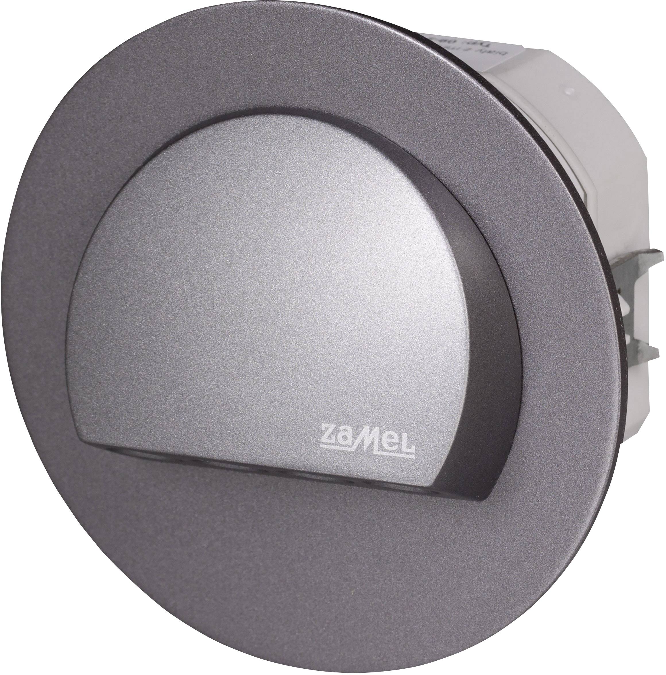 Grille de ventilation ronde gris-argent avec raccordement de câble intégré. Marque : ZaMel. Idéal pour les systèmes de ventilation ou les cuisines.
