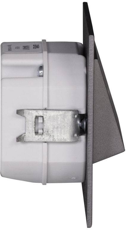 Vue latérale d'un module de prise électrique rectangulaire blanc avec support métallique et cadre sombre.