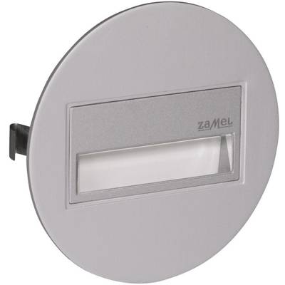Applique murale LED ronde argentée avec un champ lumineux rectangulaire et le logo de marque 'Zamel' en haut à droite. Adaptée aux espaces intérieurs modernes.