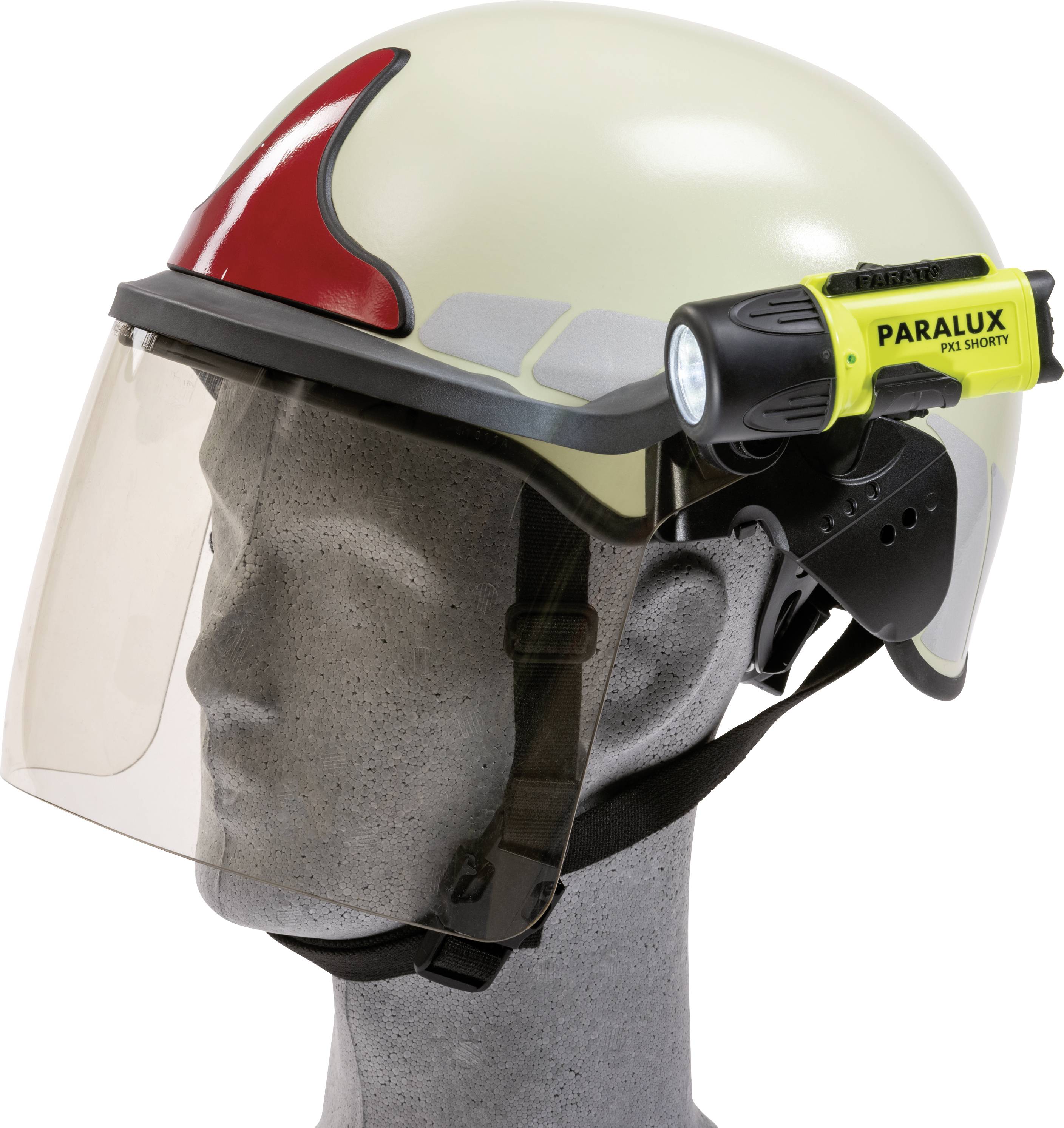 Casque de pompier avec détail rouge et visière transparente. Une lampe de poche de la marque 'PARALUX' est fixée sur le côté.