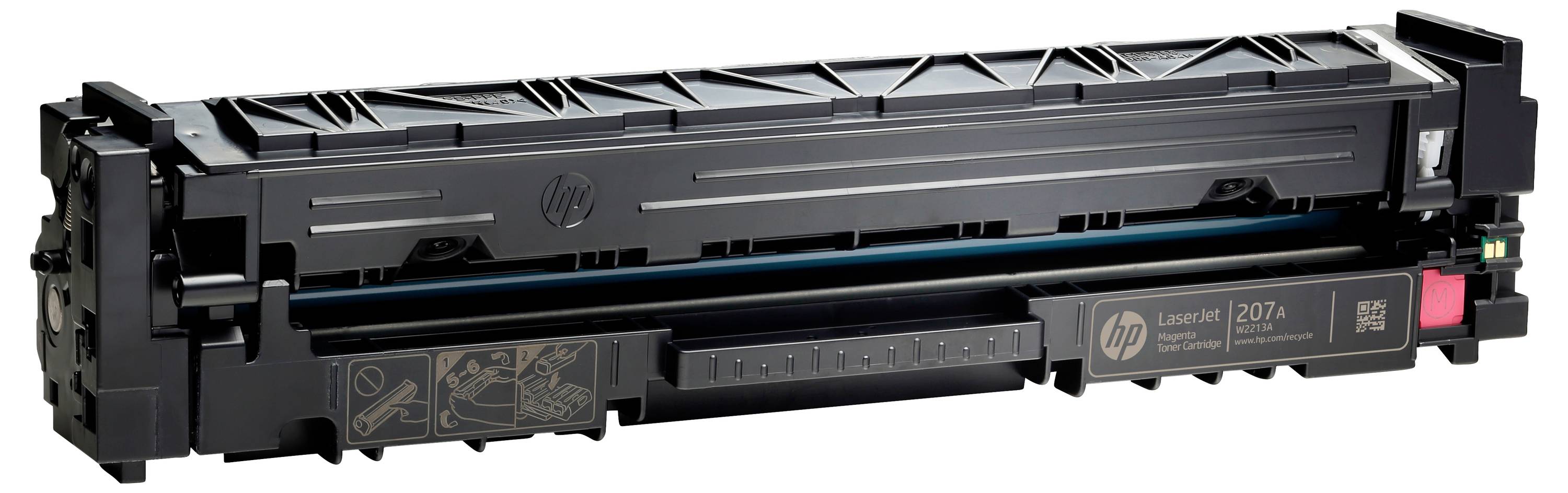 Cartouche de toner HP LaserJet noire avec languette de traction magenta, affichée sur un fond blanc.