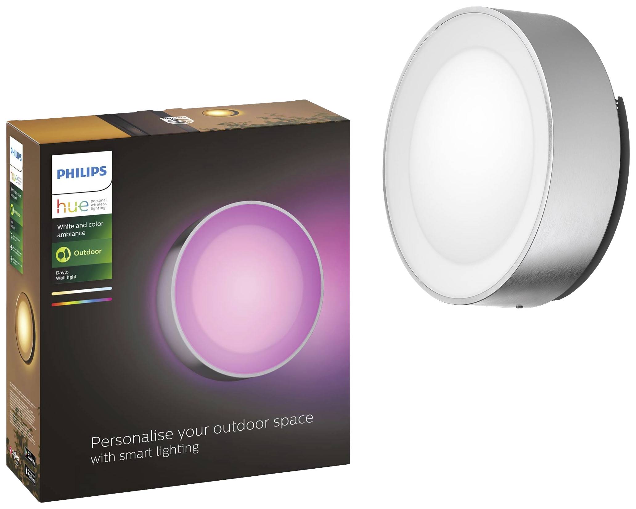 Une lampe Philips Hue d'extérieur à côté de son emballage. L'emballage montre la lampe éclairée dans une lumière rose-violette.