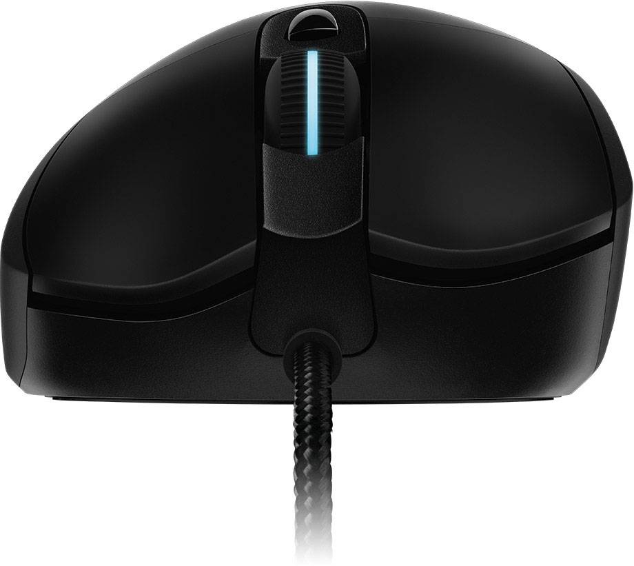 Une souris d'ordinateur noire avec une molette de défilement éclairée et un câble tressé, présentée de face.