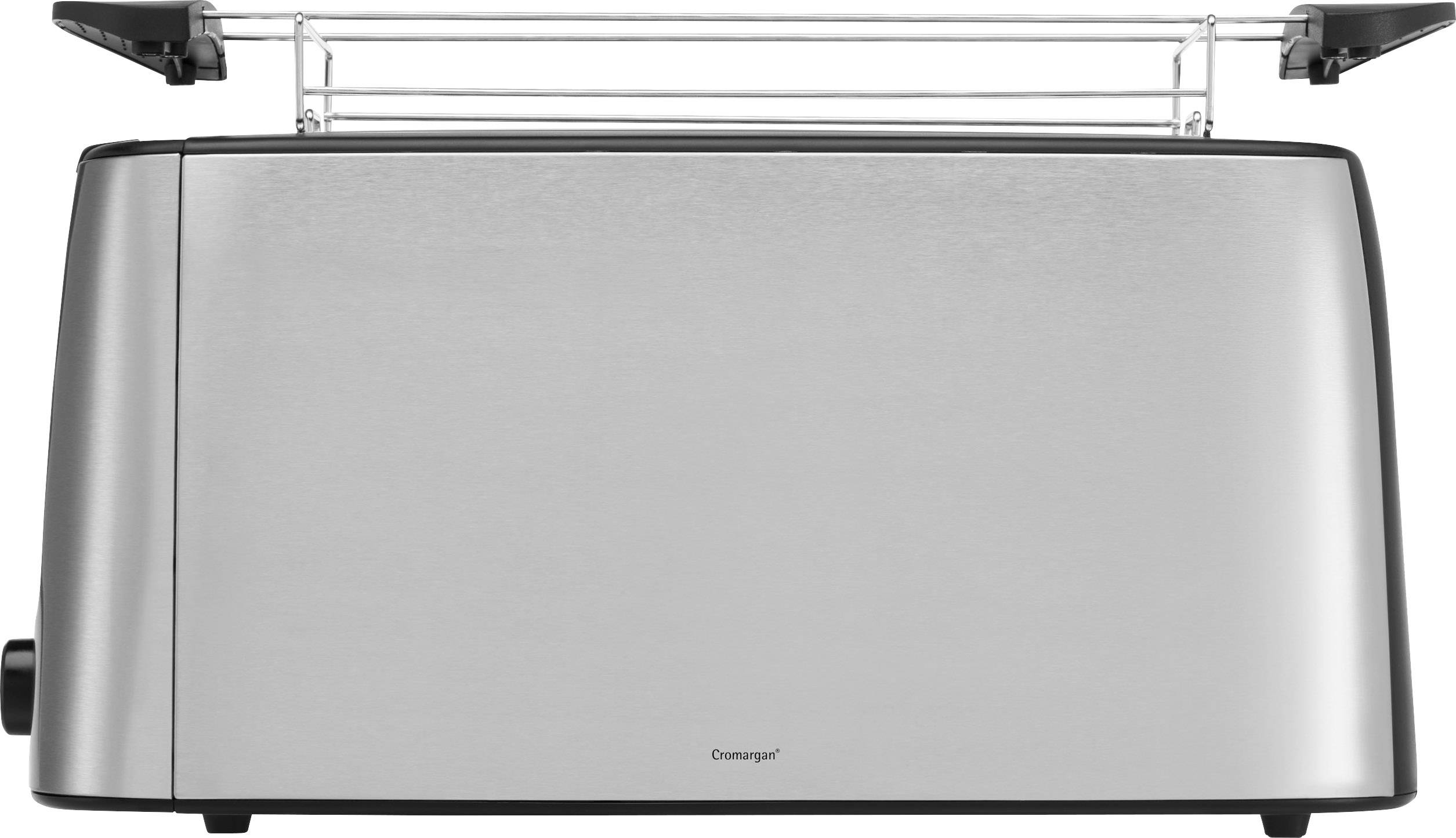 Grille-pain argenté avec support intégré pour réchauffer les petits pains.