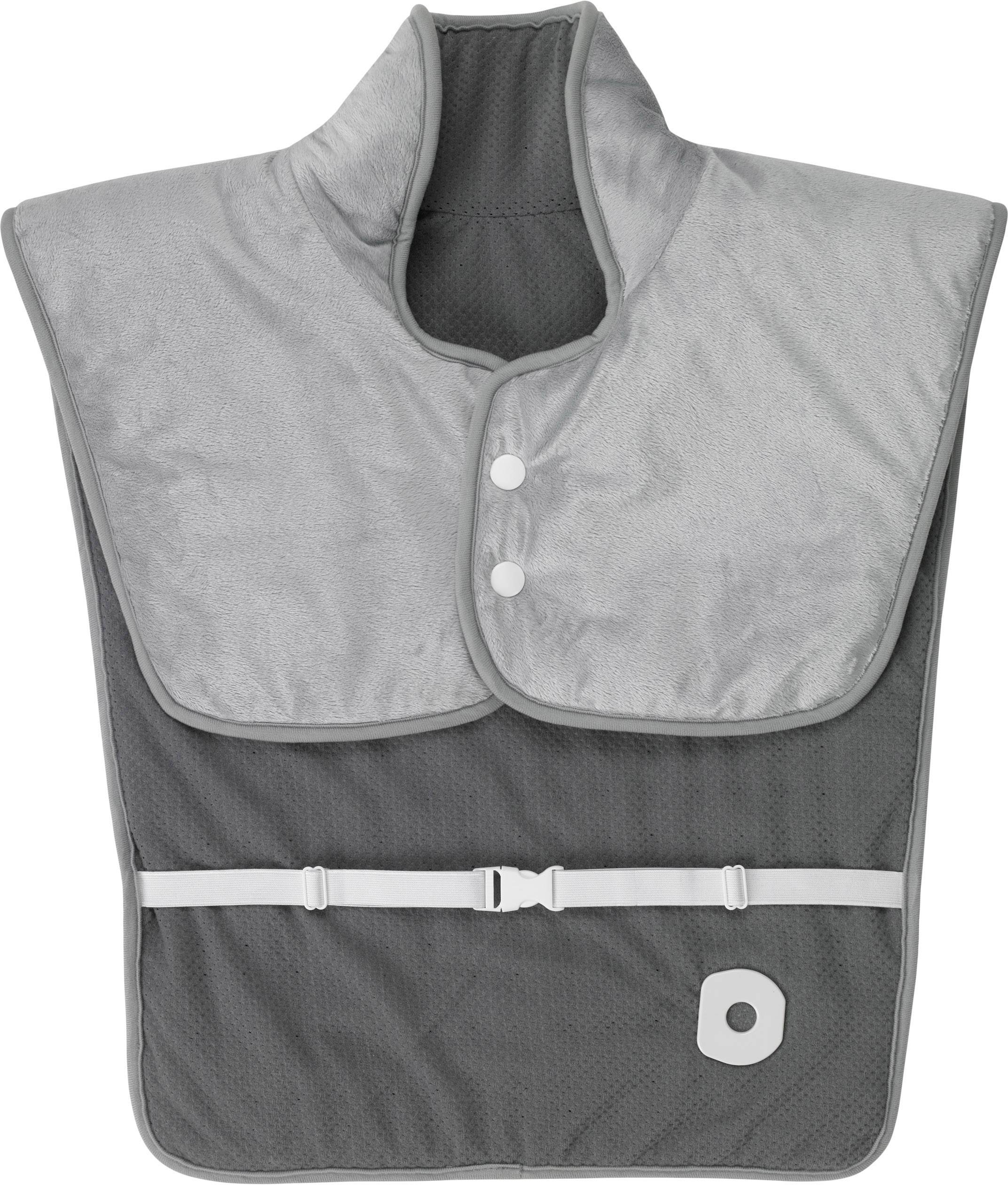 Gilet chauffant gris et argenté avec col haut et deux boutons à l'avant. Une sangle réglable est fixée sur la partie avant.