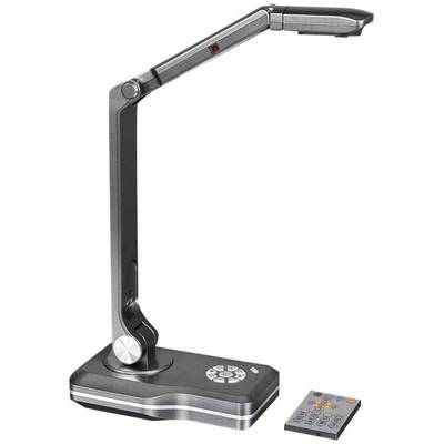 Un scanner de documents portable gris, pliable, avec une tête de caméra rectangulaire, comprenant une télécommande, pour la numérisation de documents.