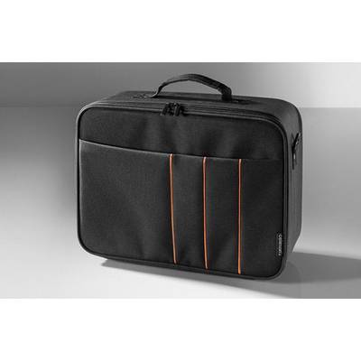 Un sac noir rectangulaire avec une poignée, des coutures oranges et plusieurs compartiments sur un fond gris.