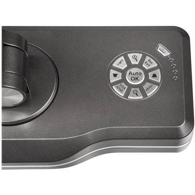 Un panneau de commande gris avec des touches pour 'Auto OK', 'Light', 'Menu', 'VGA/HDMI', 'Rotation 90°', 'Sortie', et un petit indicateur LED.