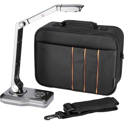 Un scanner portable pour documents avec un bras ajustable, à côté d'un sac de transport noir avec des rayures orange et une bandoulière.