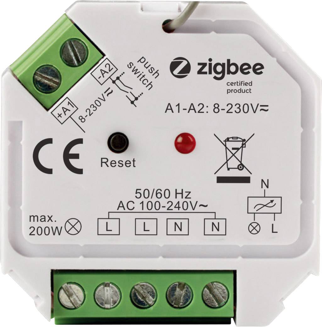 Module de commande d'éclairage avec logo Zigbee, bouton-poussoir, bouton de réinitialisation, bornes de connexion et spécifications techniques pour alimentation électrique.