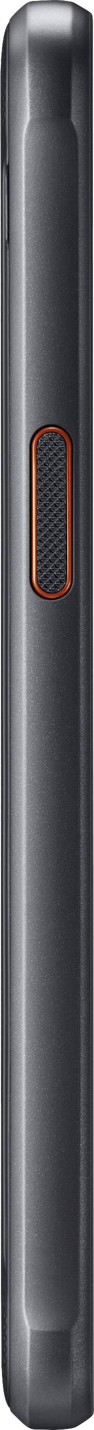 Vue latérale d'un appareil mobile noir avec un accent orange, au design fin et élégant.