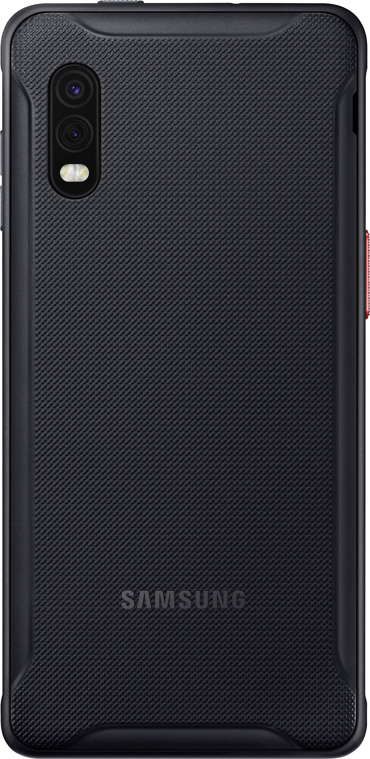 Un smartphone noir robuste avec un dos texturé et deux objectifs photo en haut à gauche. Nom de la marque en bas de l'écran.