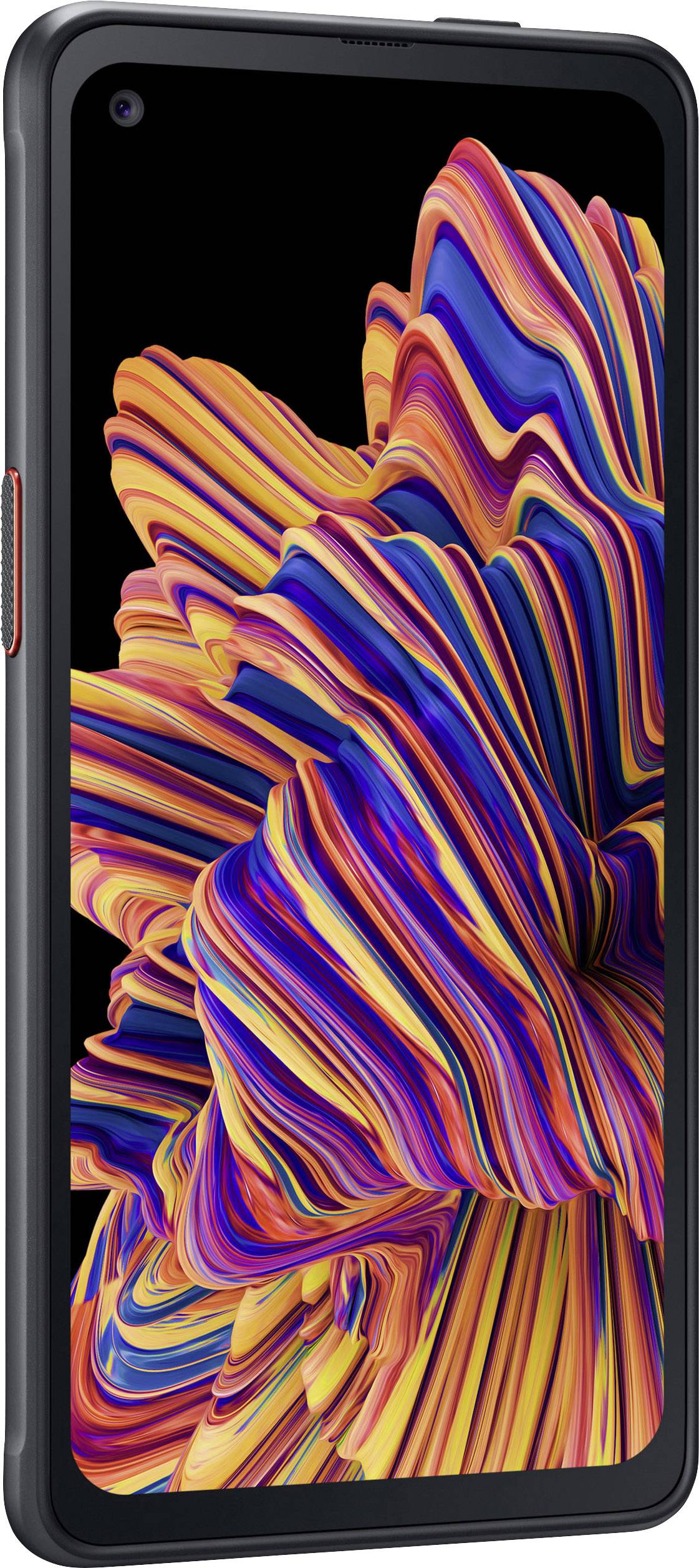 Smartphone avec une œuvre d'art abstraite colorée sur son écran. L'image représente des rayures dynamiques ondulées dans des couleurs vives.