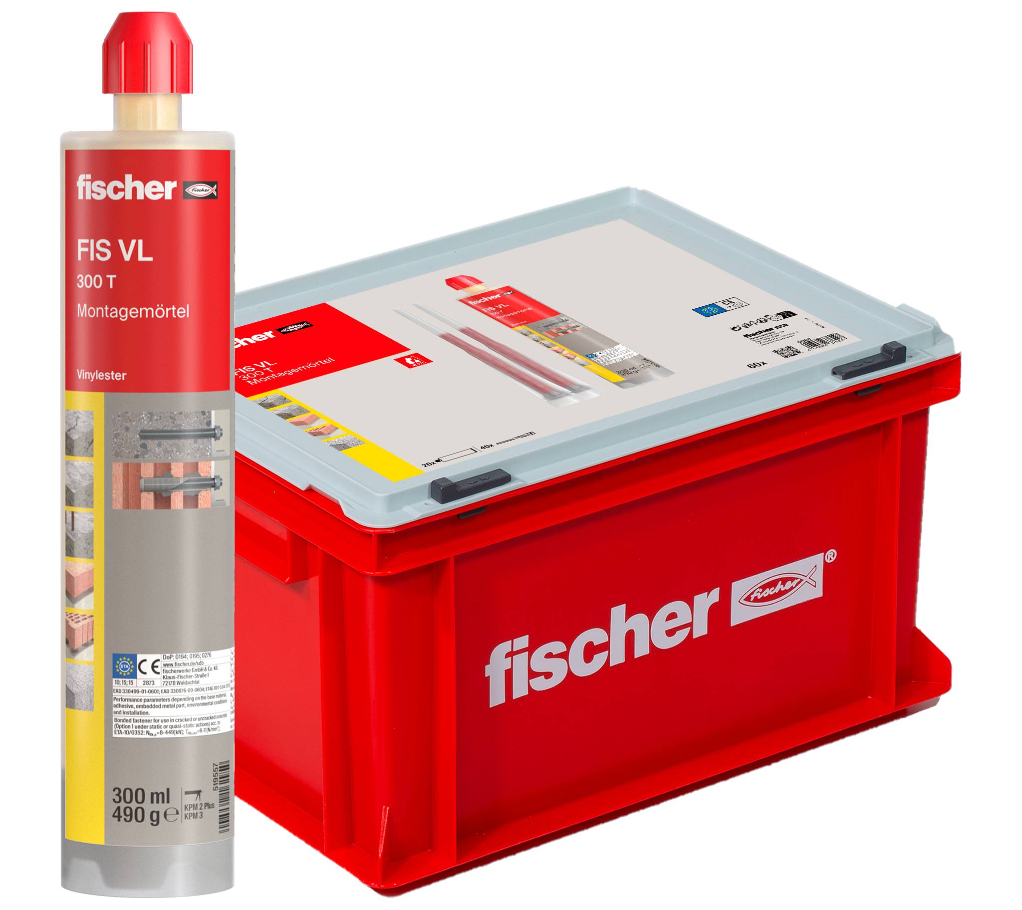 Kit de montage Fischer avec cartouche d'adhésif rouge et boîte de rangement rouge étiquetée « fischer ».