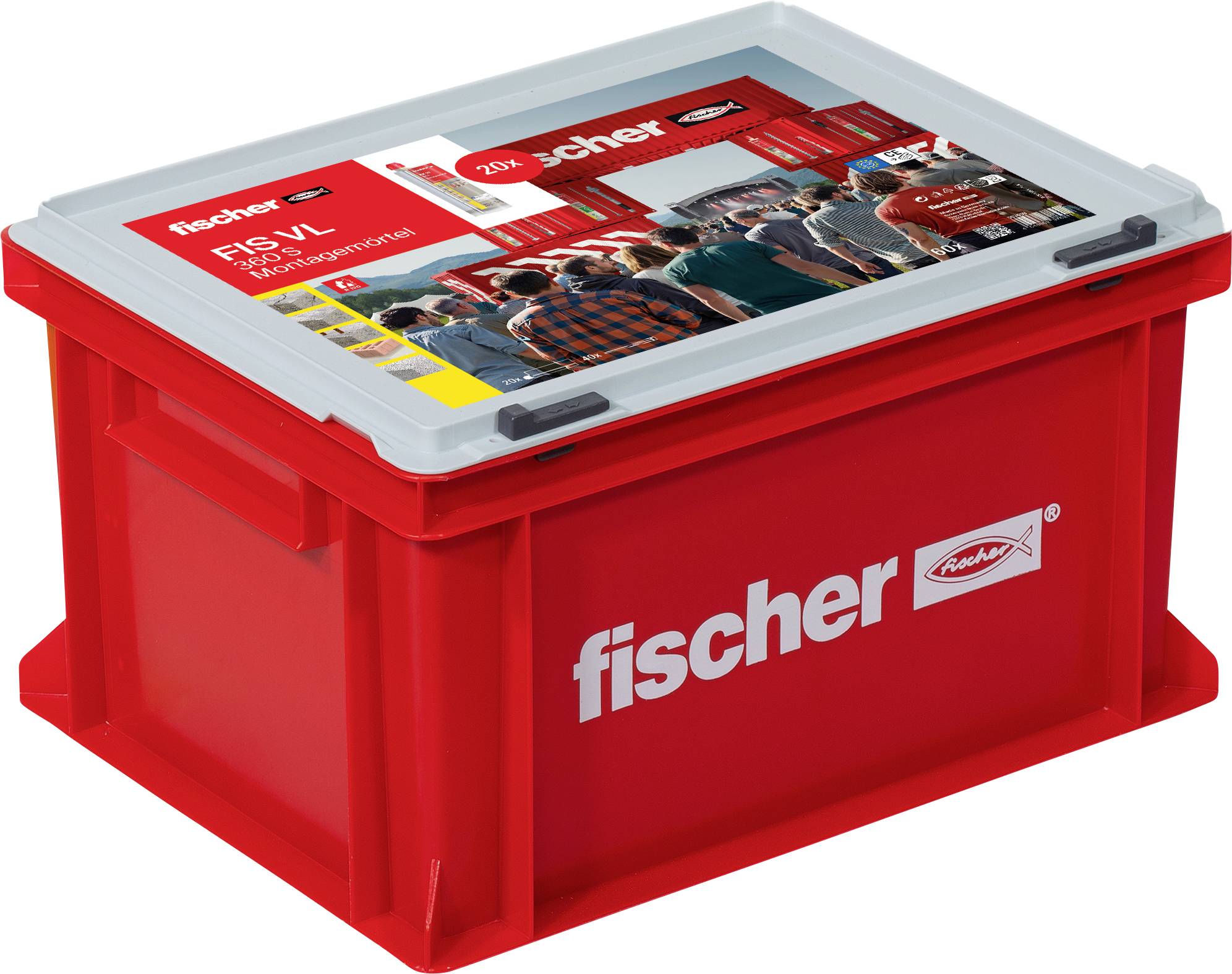 Boîte en plastique rouge de fischer, avec une illustration et des informations sur le "FIS VL 410 S", un mortier haute performance pour des applications difficiles.