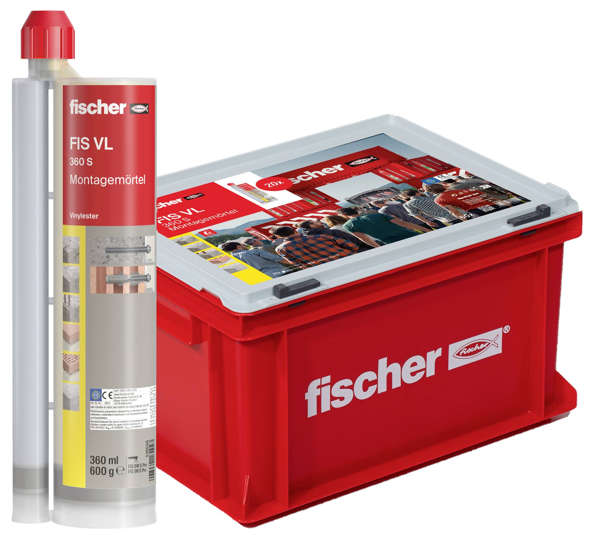 Un récipient rouge Fischer à côté d'une cartouche portant l'inscription 'FIS VL 360 S Mortier de montage'. Adapté pour les applications de construction.
