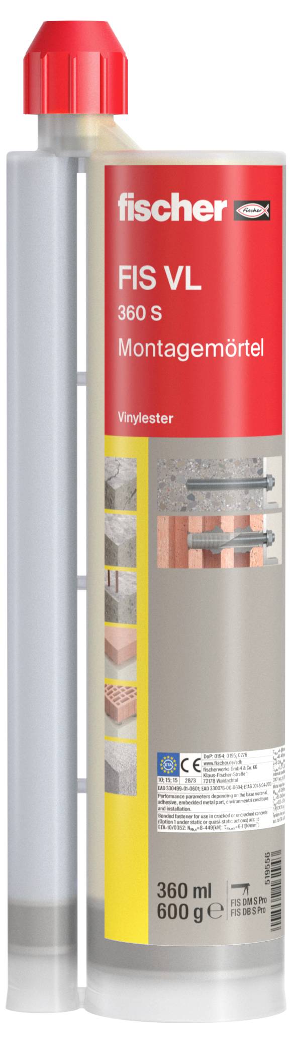 Mortier composite à deux composants de Fischer, type FIS VL 360 S, en cartouche avec bouchon rouge, adapté à divers matériaux de construction.