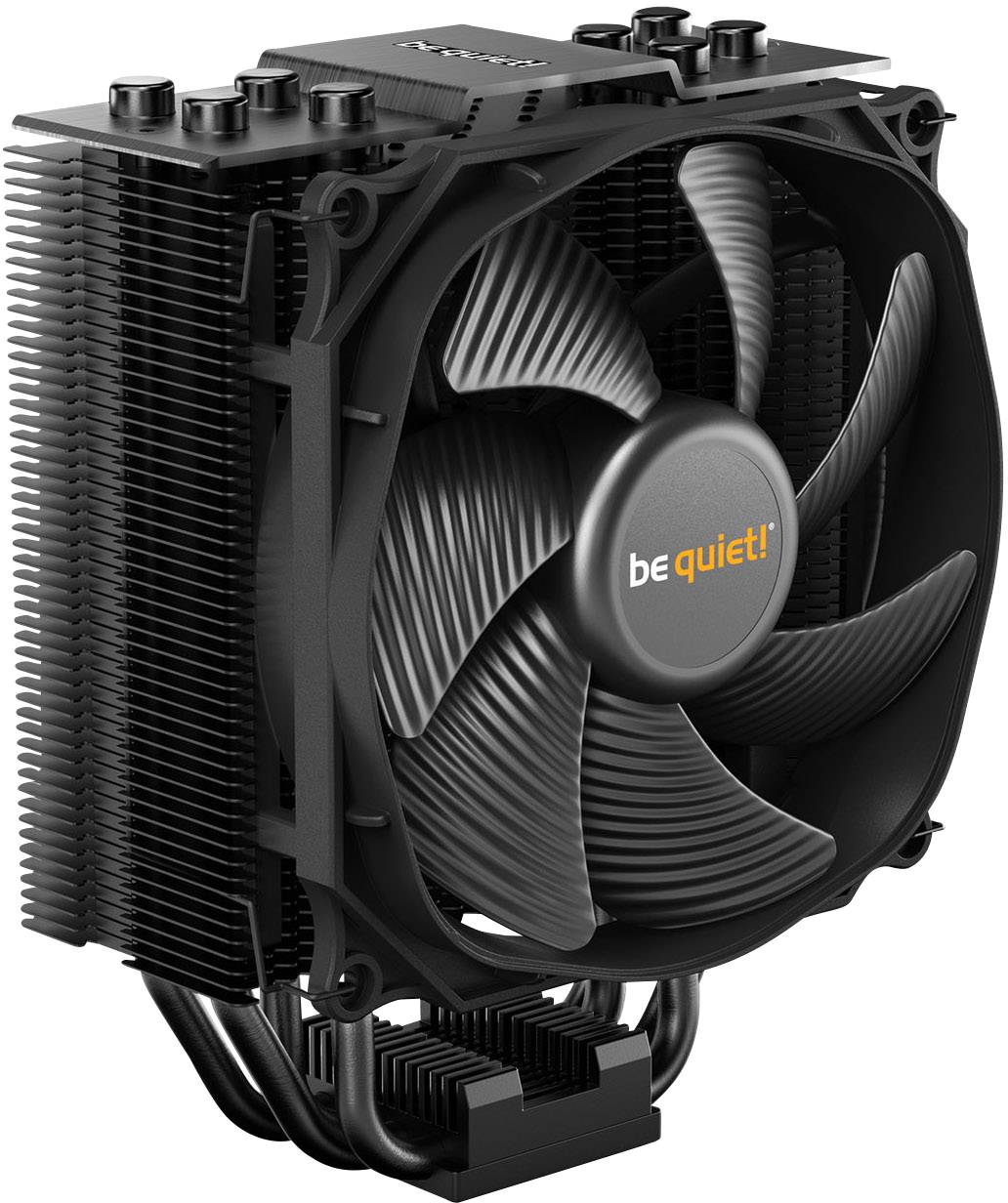 Dissipateur thermique avec ventilateur de 'be quiet!' pour ordinateur, surface noire, plusieurs ailettes de refroidissement, ventilateur cylindrique.