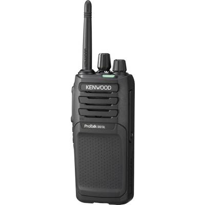 Un talkie-walkie numérique Kenwood ProTalk noir avec antenne et plusieurs boutons de commande, est placé verticalement.