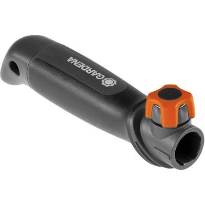 Adaptateur de tuyau d'arrosage noir avec verrou de rotation orange, marque Gardena.