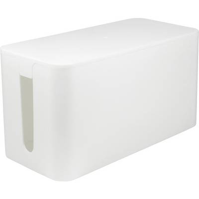 Une boîte de câbles blanche, rectangulaire, avec des coins arrondis et une ouverture latérale pour l'organisation des câbles.